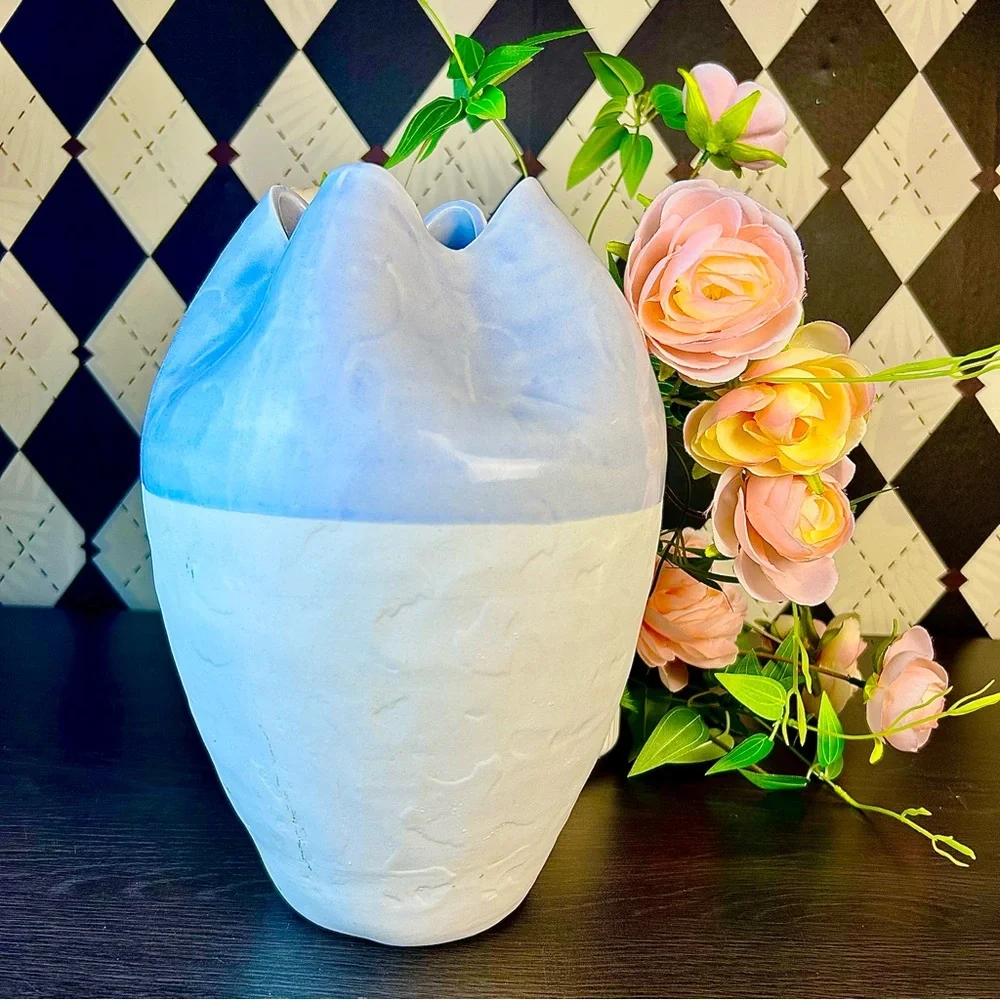 Large Wabi‎ Sabi Studio Pottery Vase Sculptural Ceramic Pinched Rim Blue White